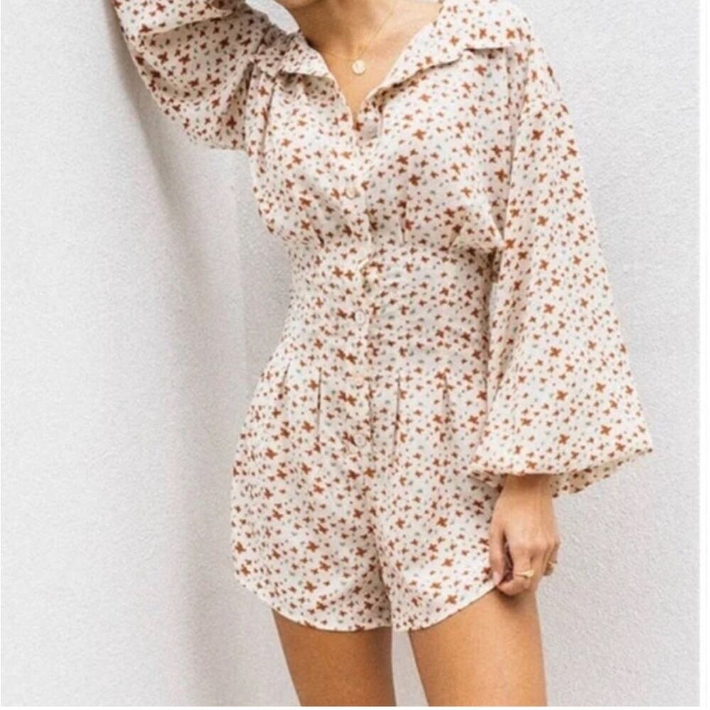 Sabo Diara cream brown floral long sleeve button front romper Extra Small XS